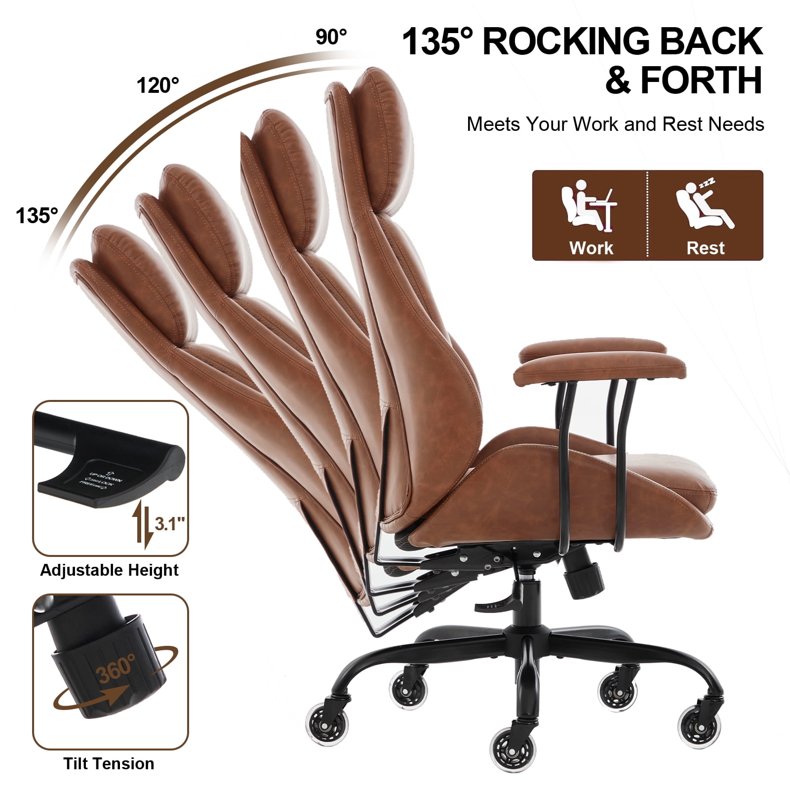E-Motie Home Office Desk Chair, Ergonomic Computer Chair with Lumbar Support and Head Support, High Back Office Chair with Armrests, Adjustable Height, Rubber Casters, Brown Leather