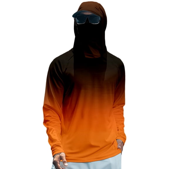 Mens Long Sleeve Sun Protection Shirt UPF Fishing Hiking Gradient Hooded Top Quick Dry Out Athletic Wear for Summer Sports Activities Orange 2XL