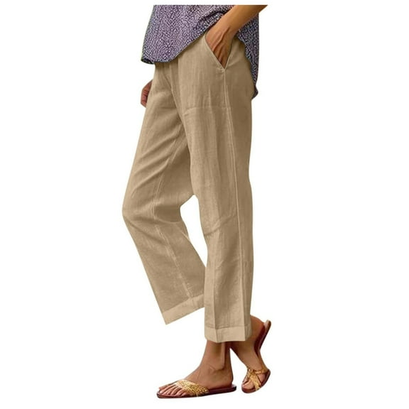 GEWSEY Cotton Linen Pants Women Elastic High Waist Straight Leg Lounge Pants Casual Slacks Summer Trouser with Pockets Khaki, XL