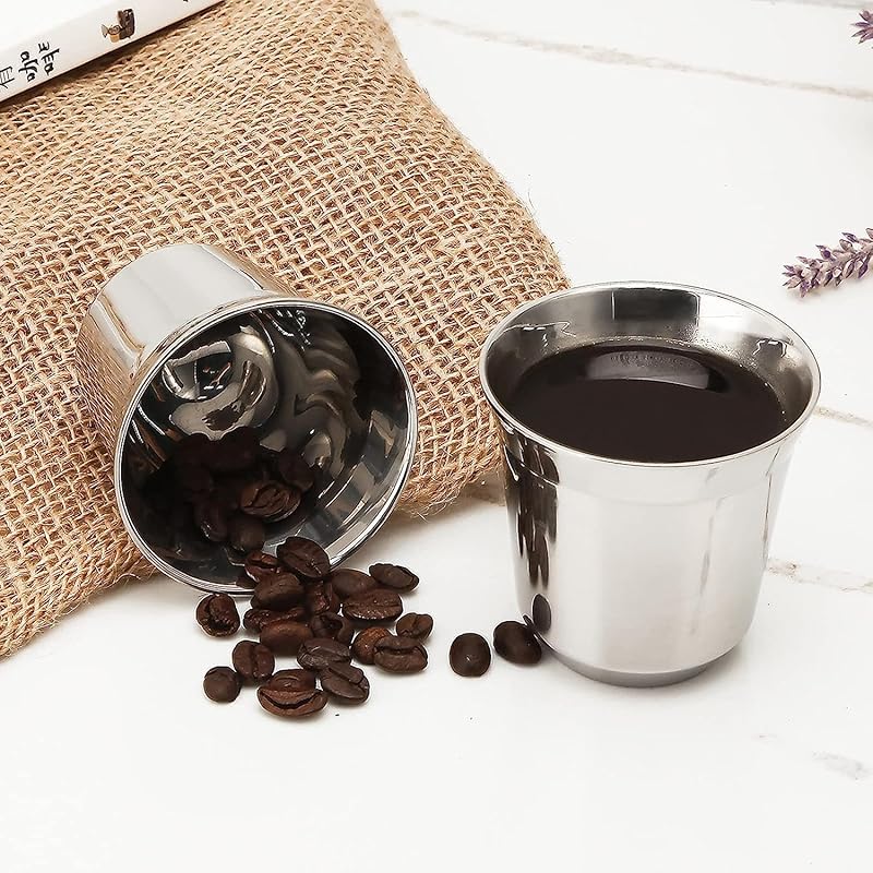 Easyworkz Stainless Steel Espresso Cup 2pcs Set Double Wall Insulated Metal Demitasse Cups 2.5 oz