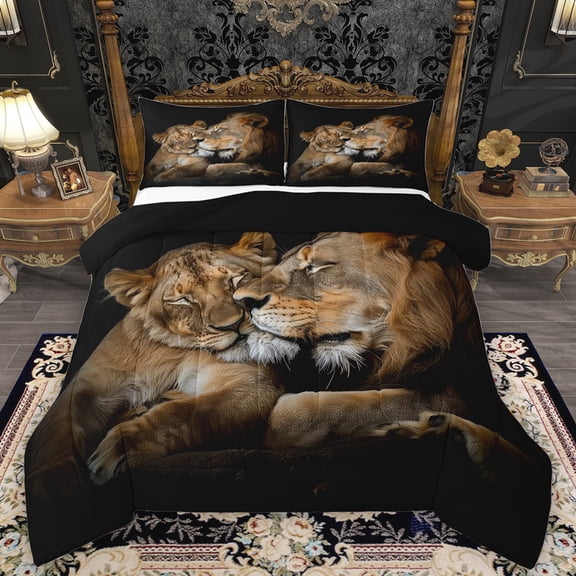 Feelyou Romantic Lion Animal Full Size Comforter Sets for Adult, Lover Valentines Day Bedding Comforter Set, Jungle Wildlife Reversible Bedding Sets, Lightweight Room Decor, 3 Pieces