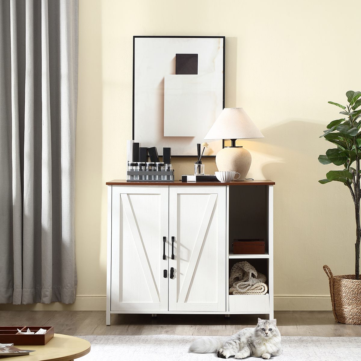 Litter Enclosure with Litter Collector, Litter Cabinet with Dog-Proof Adjustable Shelf, (Antique White)