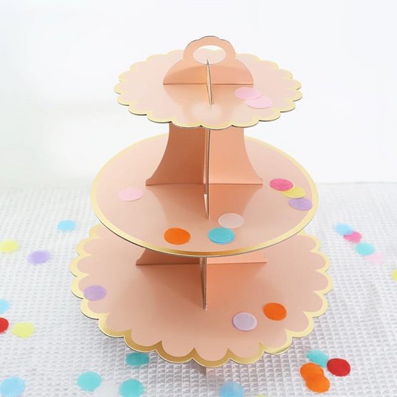3-Tier Unicorn Cupcake Stand, Pink and White Star Pattern, Cardboard Cake Display Tower for Birthday Party