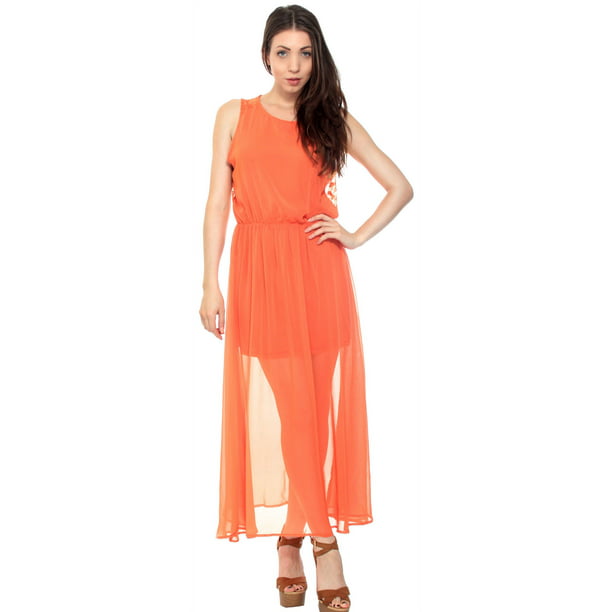 Sleeveless Maxi Dress Beach Dress w/ Overlay and Mesh Detail, Orange, S Walmart.com
