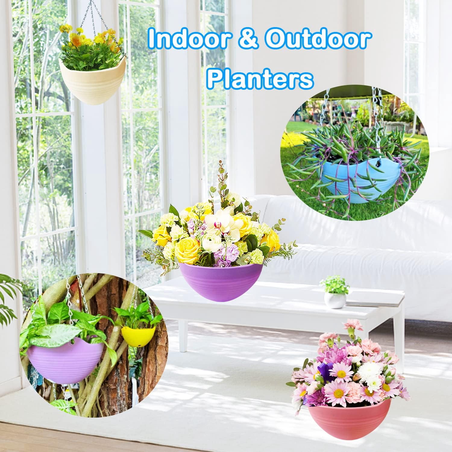 GIXUSIL 8 inch Self-Watering Hanging Planters, 7-Pack Plastic Planters with Drainage Holes & Chains for Indoor Outdoor Garden, 7 Colors for Spider Plant & Trailing Flowers