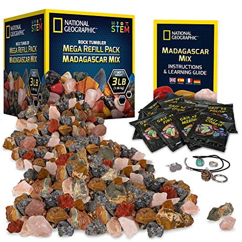 3 lb of Gemstones Including Rose Quartz & More Mega Madagascar Gemstone Pack NATIONAL GEOGRAPHIC Rock Tumbler Refill Jasper Labradorite Tumbler Grit & Jewelry Settings