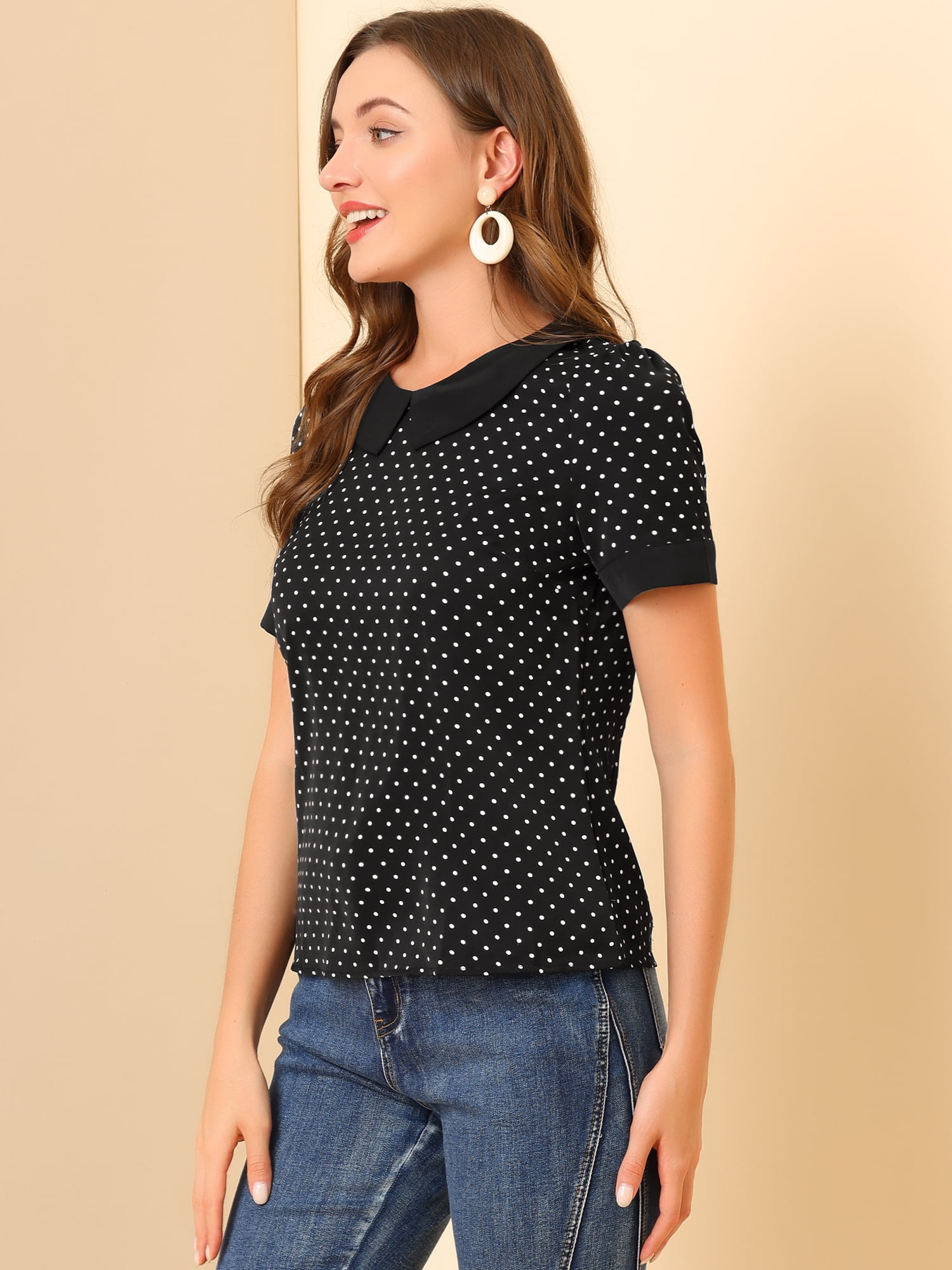 DARING DIVA Women's Peter Pan Collar Polka Dots Short Sleeve Tops L Black