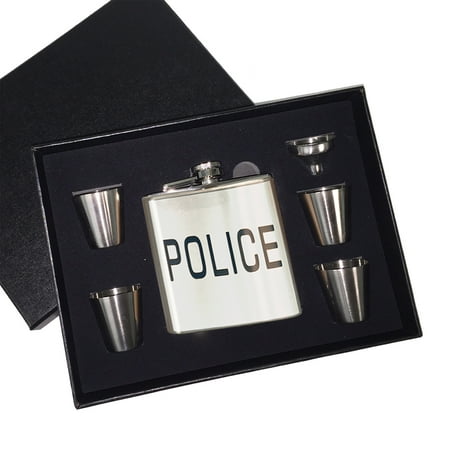 Police Stainless Steel - KuzmarK 6 oz. Stainless Steel Flask Set in Black Presentation Box - Police