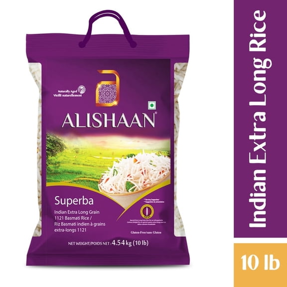 Alishaan Superba Premium Extra Long Grain 1121 Basmati Rice, Naturally Aged, 10 lb Pouch