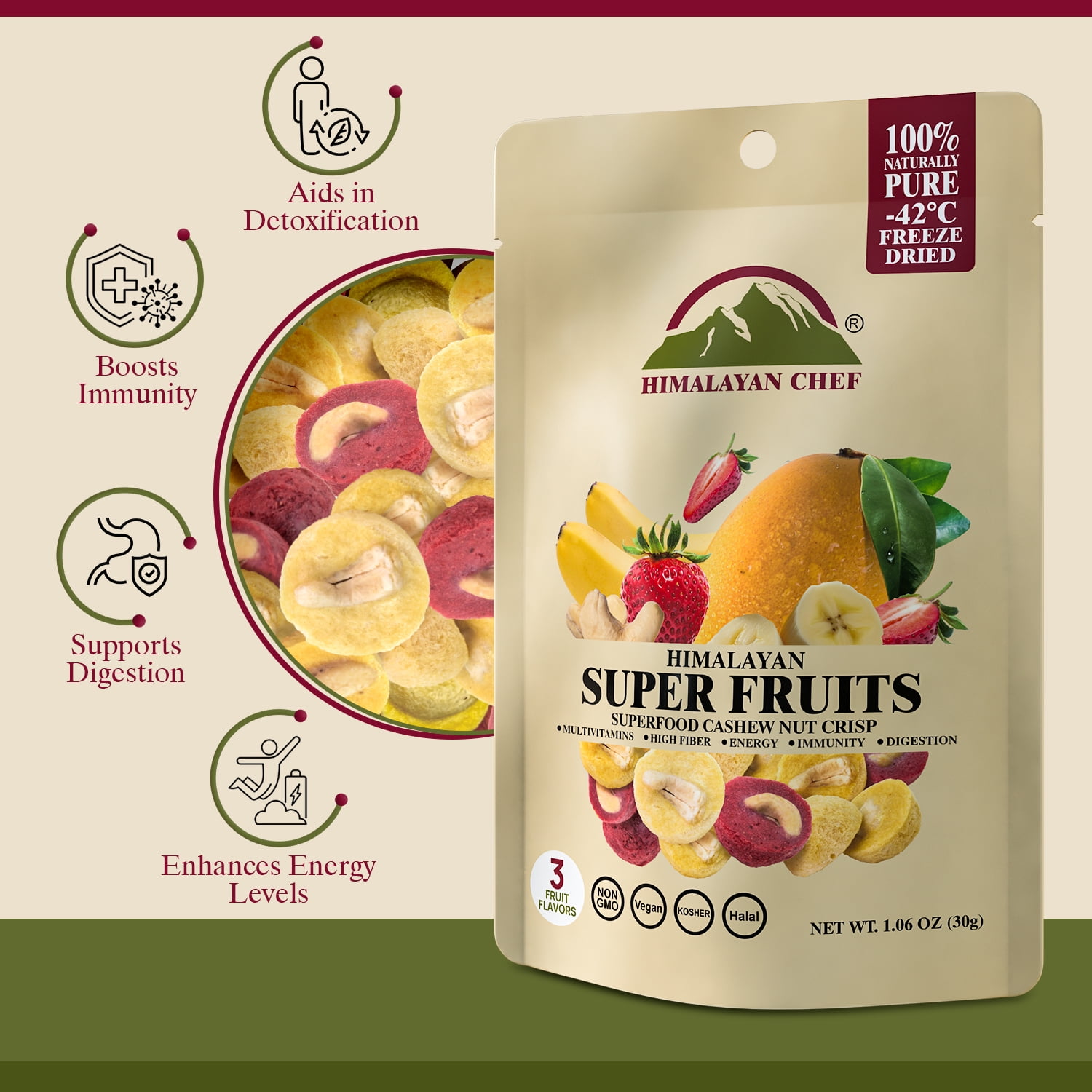 Himalayan Chef Super Reds Freeze-Dried Fruit Cashew Nut Crisps, 30g/each – 10 Pack | 10+ Superfood Fruits | Healthy Snacks Packed with Multivitamins, High Fiber & Antioxidants for Energy Boost