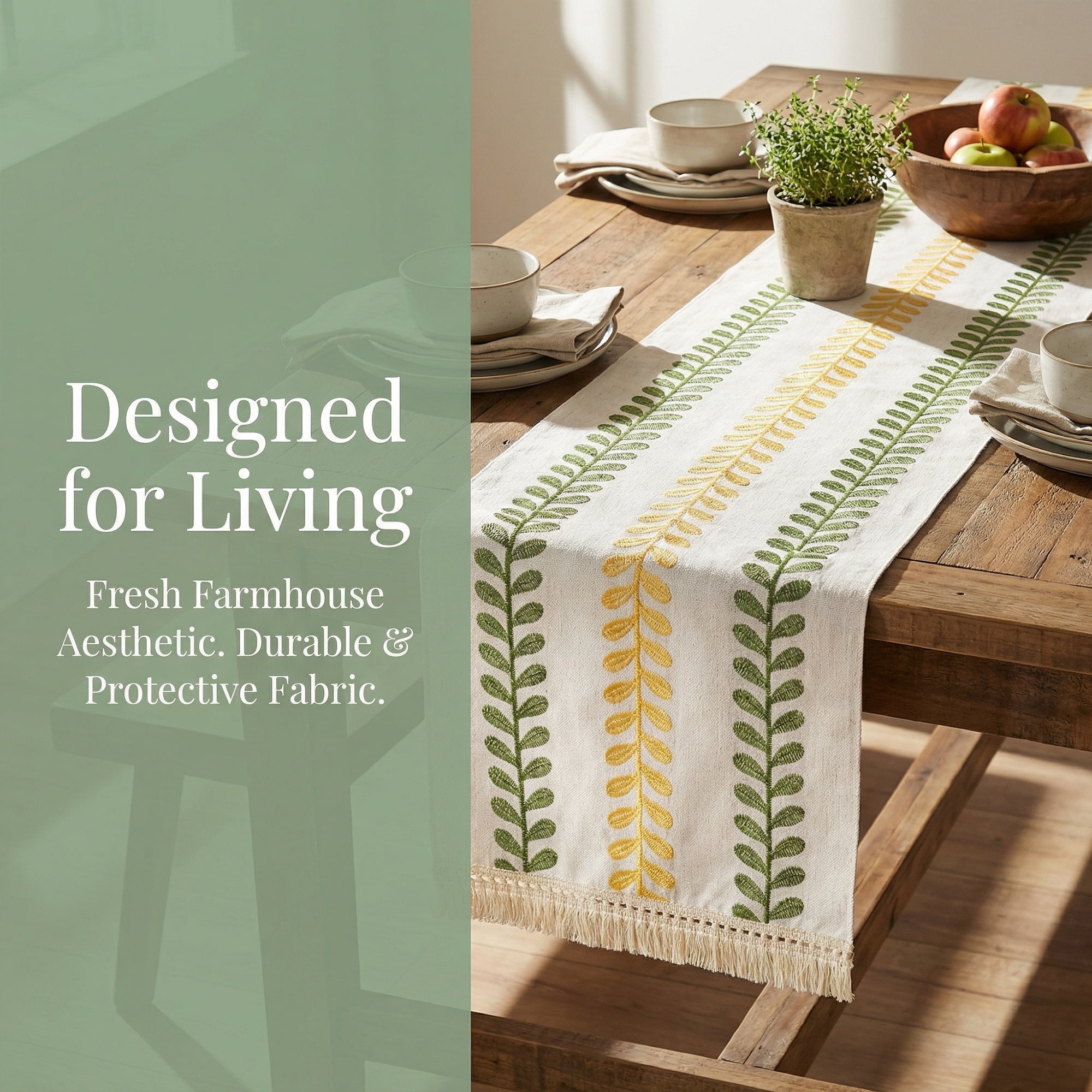 Unique Bargains Polyester Floral with Tassel Table Runner for Kitchen Decor Green 15.4"x106.3"