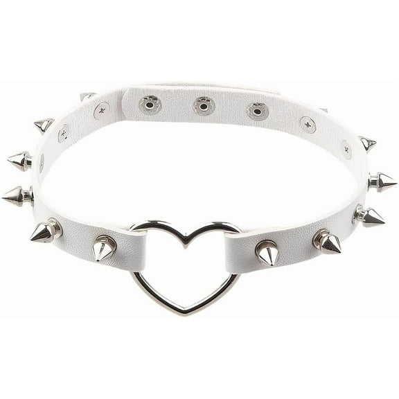 PU Leather Spiked Choker Collar Punk Rock Alloy Hollow Heart Necklace Gothic Studded Rivets Choker Cosplay Jewelry Collar Chain Necklace Decorations for Women Party Cosplay Decorations (White)