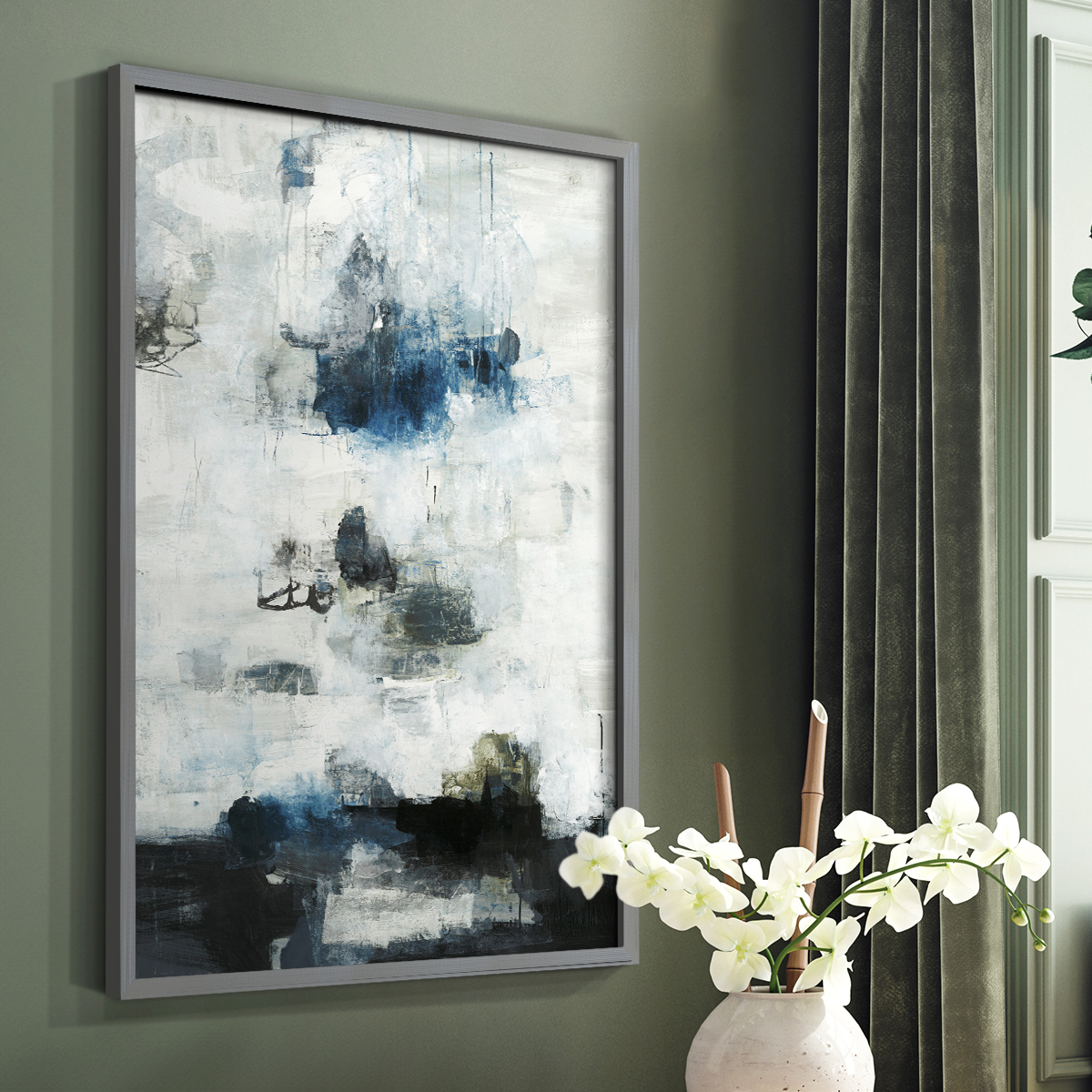 Black & Blue Framed Print in Gray Solid Wood Framed Print No Nail Hanging