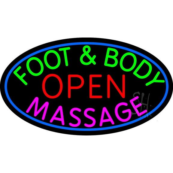 Foot And Body Massage Open LED Neon Sign 20 x 37 - inches, Black Square Cut Acrylic Backing, with Dimmer - Bright and Premium built indoor LED Neon Sign for Spa interior decor and storefront.