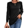 thumbnail image 2 of Top de manga larga con hombros plisados, cuello redondo, color puro, corte holgado, jersey informal para mujer, Top para otoño invierno, negro M, 2 of 6