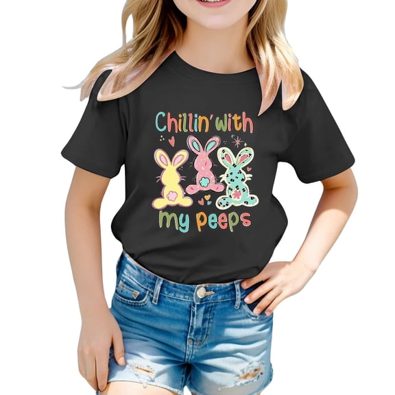 Hihipz Toddler Girl's Easter Graphic T-Shirt Cute Bunny Printed Short Sleeve Round Neck Tshirt Child Loose Fit Casual Tee Top For Boys Girls,Sizes 2-3T