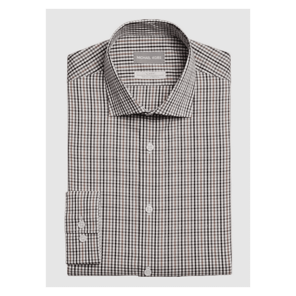 $85 Michael Kors Men's Slim-Fit Check Stretch Dress Shirt Brown 4XL ( 20-34/35 )