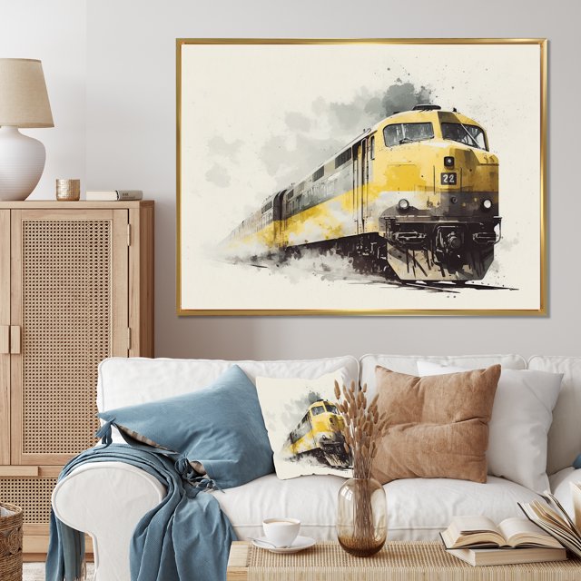 Designart Décoration Murale Encadrée Surdimensionnée de Train de Transport, art Mural Encadré de Train, Rythme Symphonique des Rails I, art Mural Encadré Moderne Jaune et Or, Cadre Doré 32x24 Pouces