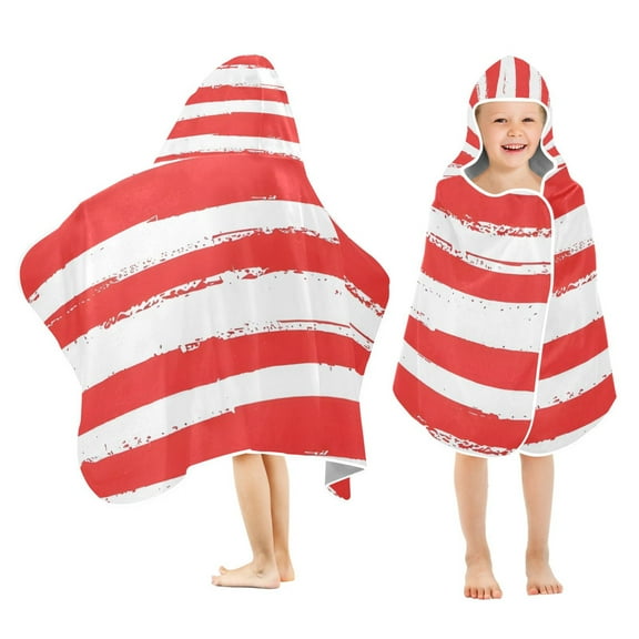 Red and White Stripes Kids Hooded Beach Towel Baby Bath Poncho Towels with Hood Absorbent 50"x23.5" for Pool Swimming