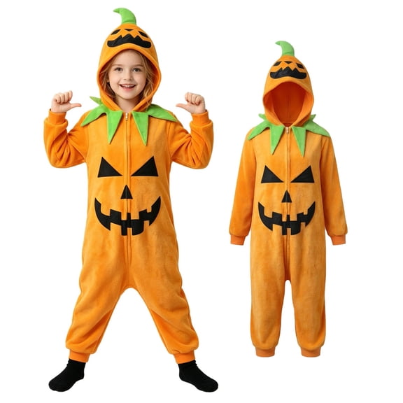 Girls Pumpkin Unisex Long Sleeve Zip up Hooded Jumpsuit Halloween Outfit Dress up Party Clothes Size 3-10 Years