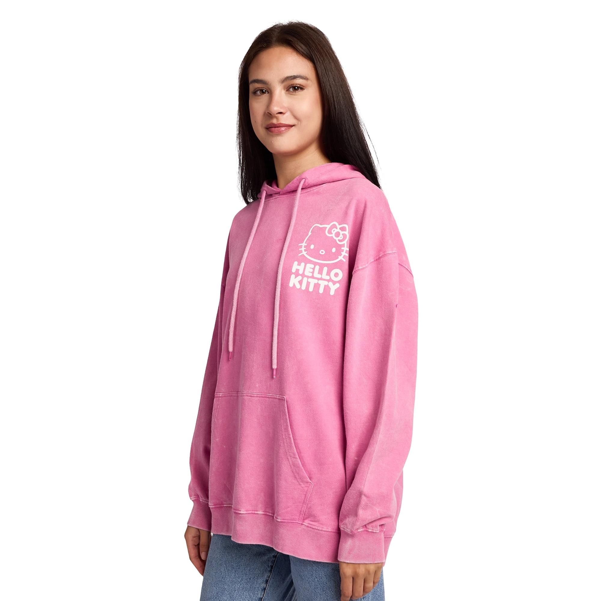 Hello Kitty & Bows Line Art Women's Pink Mineral Wash Long Sleeve Fleece Hooded Sweatshirt-Small