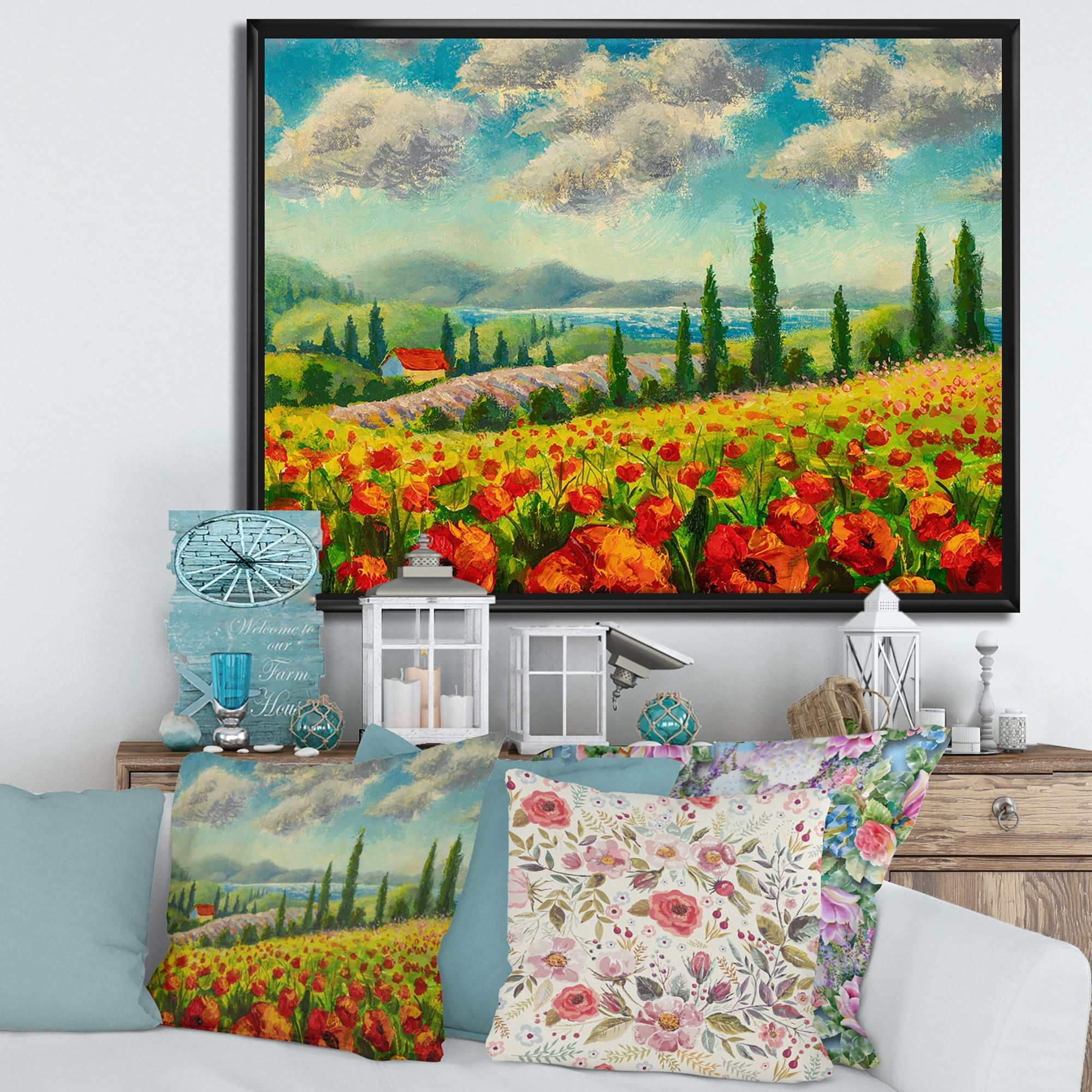 Designart 'Beautiful Landscape With Poppies Flowers By Riverside' Traditional Framed Canvas Wall Art Print