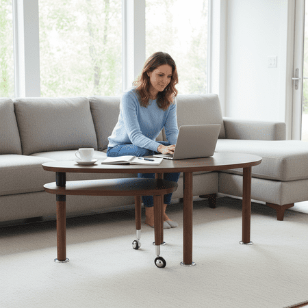 Walnut Oval Rotating & Nesting Coffee Table with Small Table 360-Degree Swivel Top for Living Room Solid Rubberwood Legs - Modern Coffee Tables for Living Room
