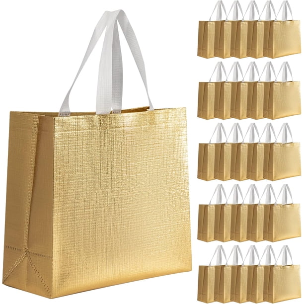 Paquete de 25 bolsas grandes para regalos de cumpleaños, bodas y fiestas, bolsas de regalo reutilizables, plateadas, bolsas gigantes para regalos, de tela no tejida (doradas)