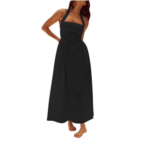 Holiday Saving! HVOBTTY Women's Sleeveless Party Dress, Women's Stylish Temperament Wide Strap Sleeveless Dress Black, L