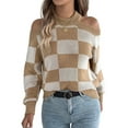 thumbnail image 3 of Women'S Color Block Checkered Off-Shoulder Long Sleeve Y2K Plaid Knitted Pullover Sweater Tops Vintage Sweater Khaki XL, 3 of 9