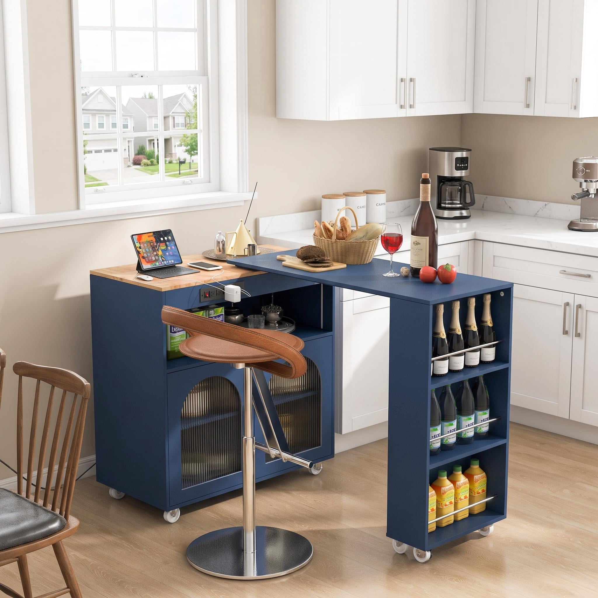 Homy Casa 56.3" Rolling Kitchen Island with Extendable Table, Storage, Outlets and LED Navy Blue