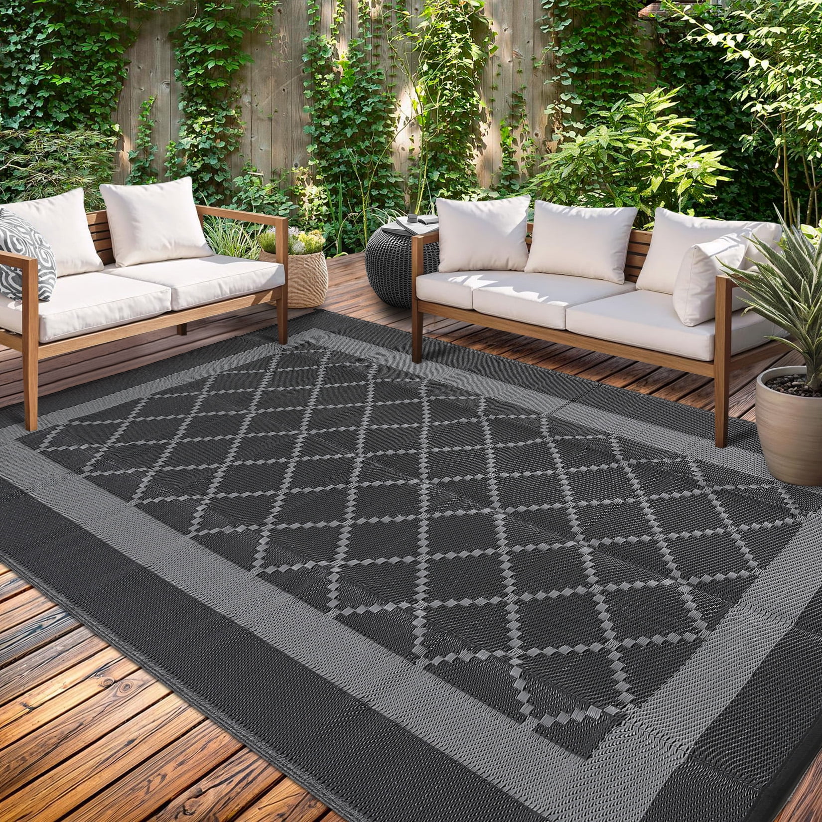 Garvee Outdoor Rug 9'x18' Waterproof Area Rug for Patios, Reversible Plastic Straw Rug Camping Carpet Mats for RV, Picnic, Backyard, Balcony, Porch, Beach, Black Gray