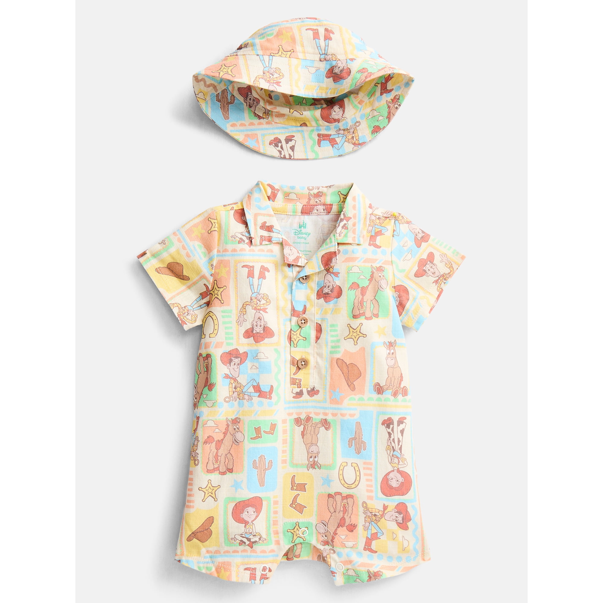 Toy Story Baby Boys' Print Cotton Romper and Bucket Hat Set, 2-Piece, Sizes 0/3M-24M