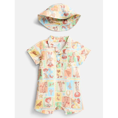 Toy Story Baby Boys' Print Cotton Romper and Bucket Hat Set, 2-Piece, Sizes 0/3M-24M