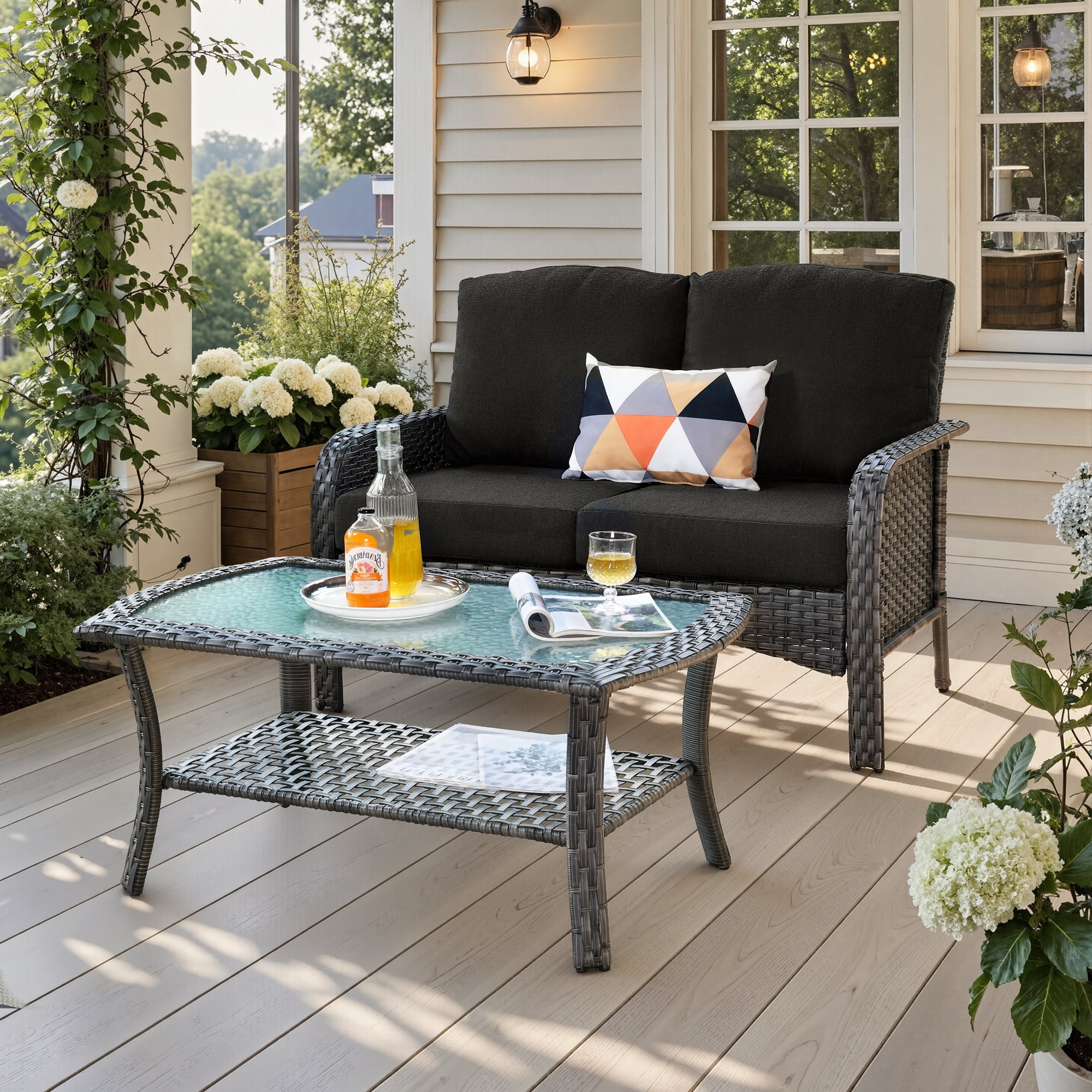 Ovios 2 Pieces Outdoor Patio Furniture High Back Wicker Rattan Outdoor Sectionals Set with Table for Backyard Balcony