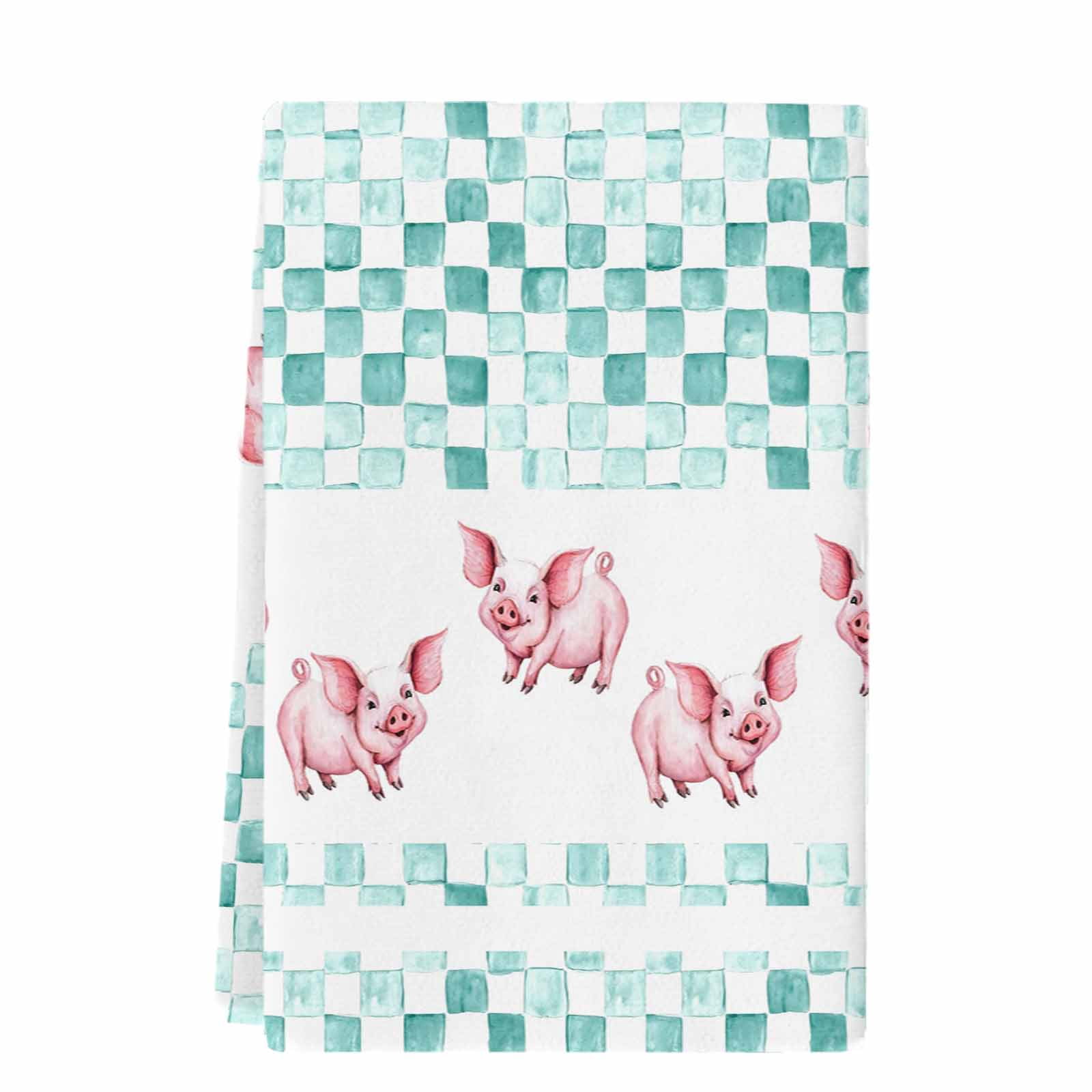 Green Plaid Farmhouse Kitchen Towels Set of 1, Watercolor Cute Country Pigs Checkered Absorbent Dish Towels for Kitchen, Microfiber Hand Towel, Quick Drying Tea Towel for Cleaning Dishcloths