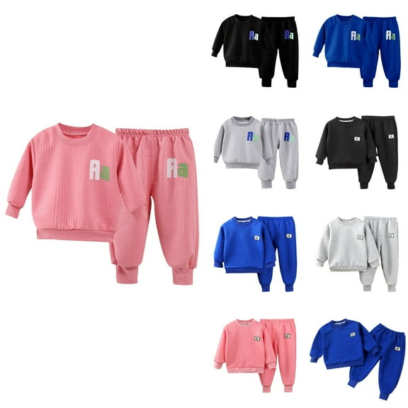 Ahuyic Toddler Kids Casual Fashion Outfits, Autumns And Winter Solid Color Top And Pants Set For Kids, Boys And Girls Long Sleeved Round Neck Printed Shirt Elastic Waist Long Pants Two-piece Set