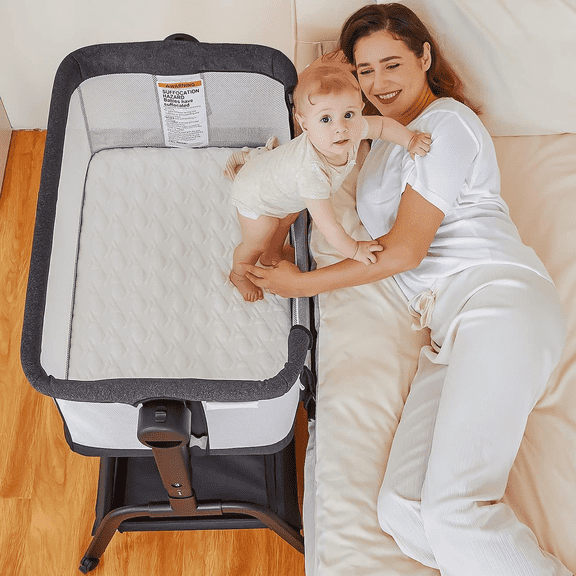 BabyBond Baby Bassinet, 3 in 1 Infant & Toddler Cradle with Soft Waterproof Mattress and Skin-Friendly & Breathable Sheet, 6 Height Adjustable, Easy to Assemble Bedside Crib Sleeper, Black grey (Y08)