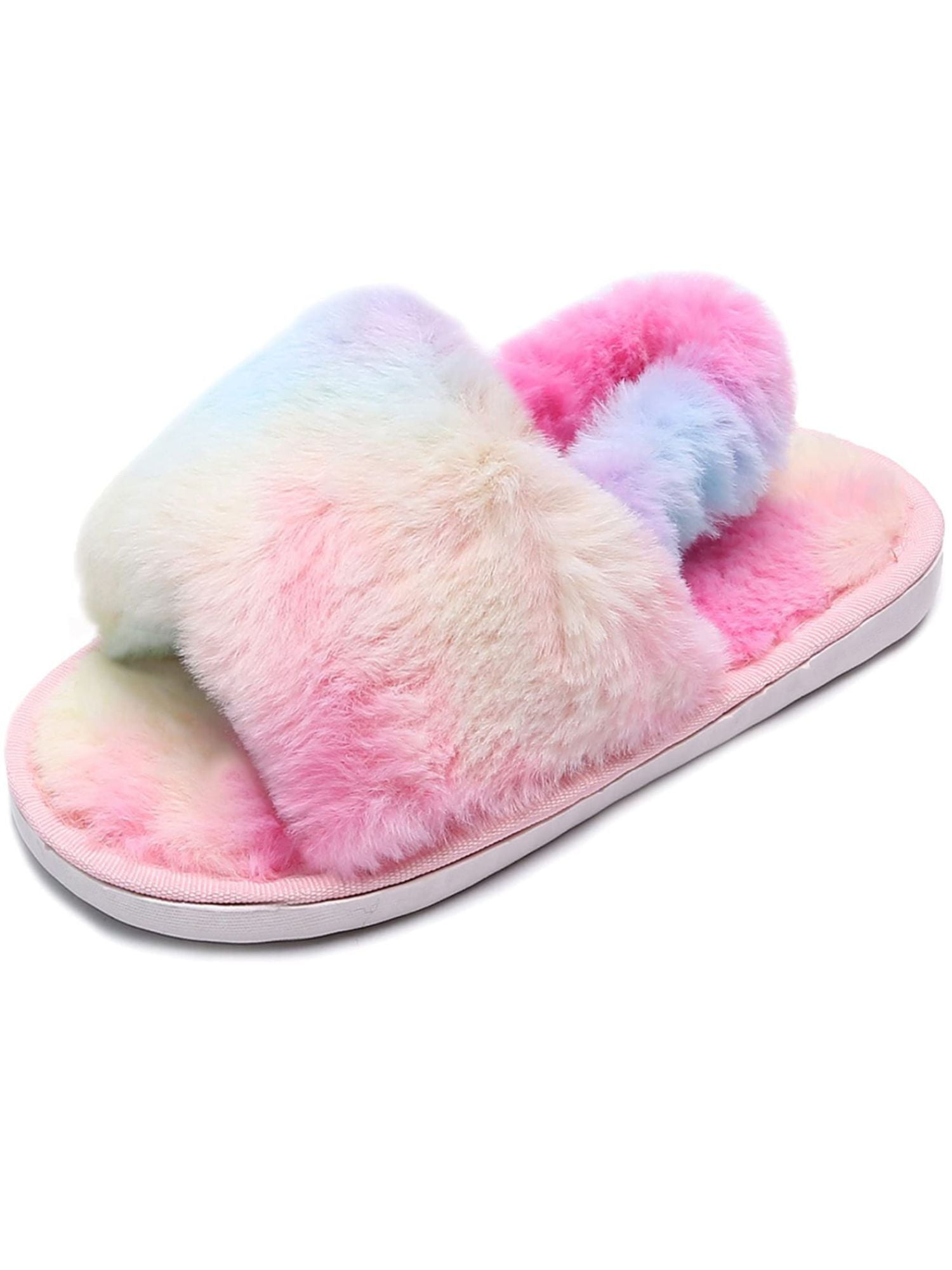 Ginisom Girls Fuzzy Slippers Kids Furry Open Toe Slippers Slides for