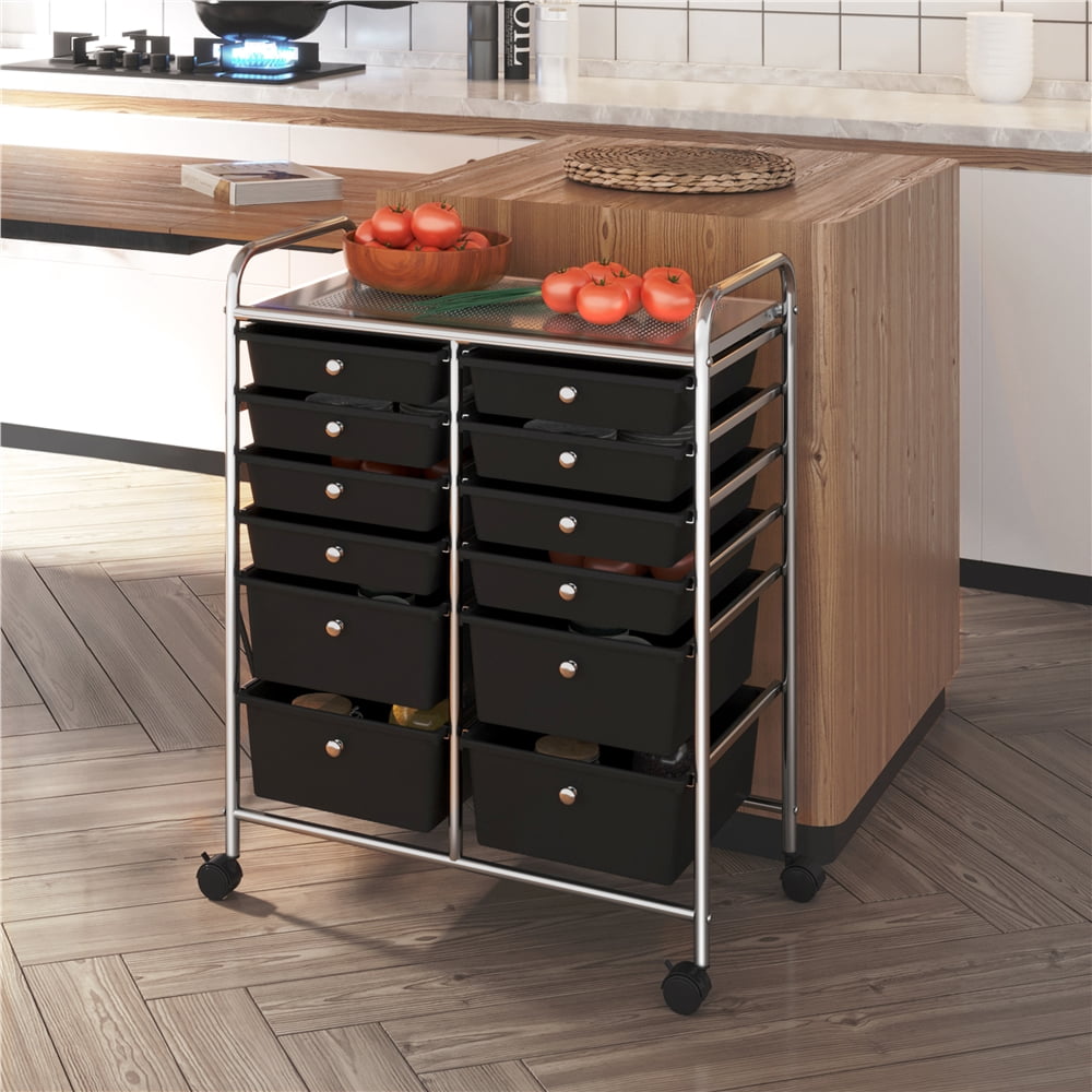 Renwick 12 Drawer Mobile Rolling Storage Cart for Home Office, Black