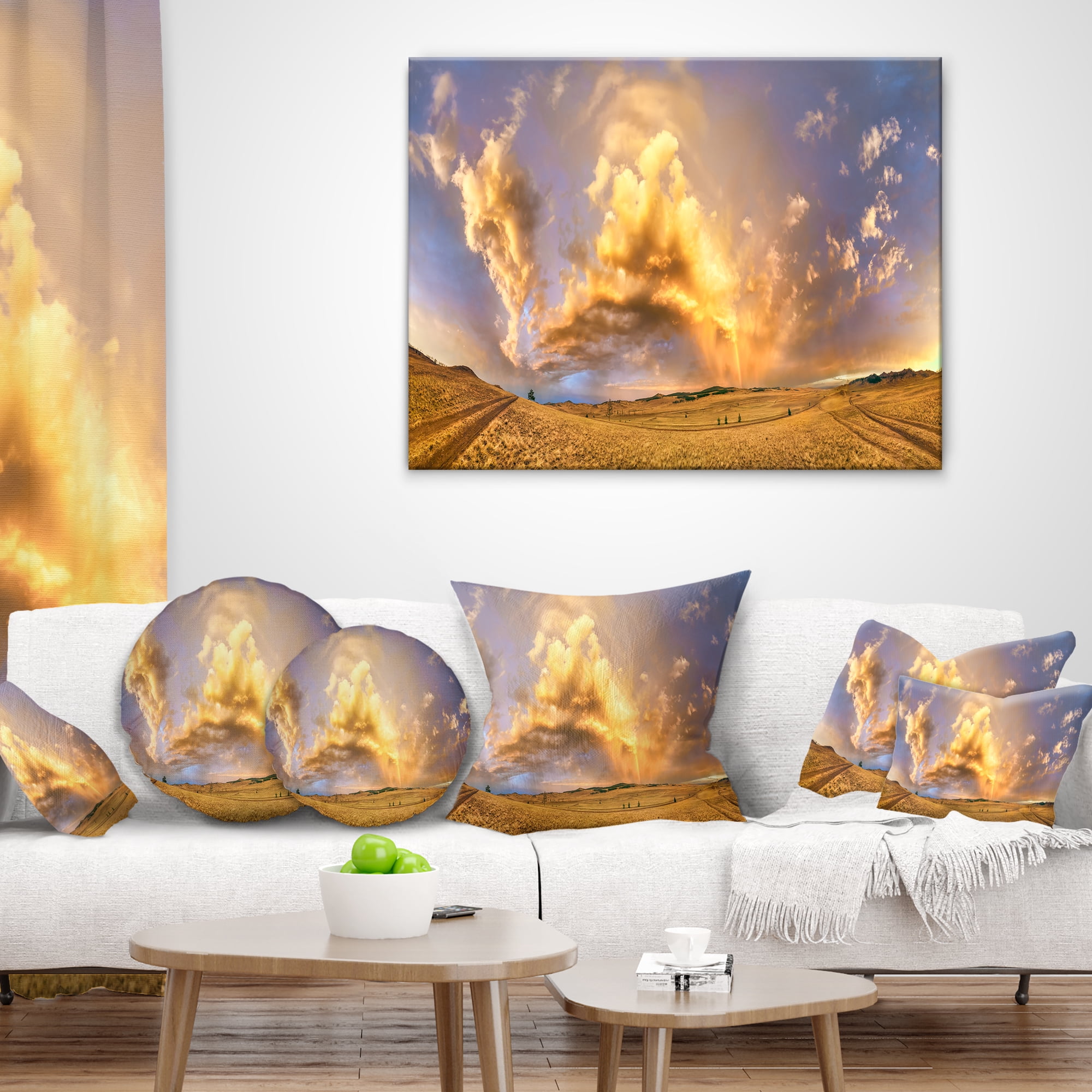 Designart Rainbow at Sunset After Storm - Landscape Photography Throw Pillow - 16x16