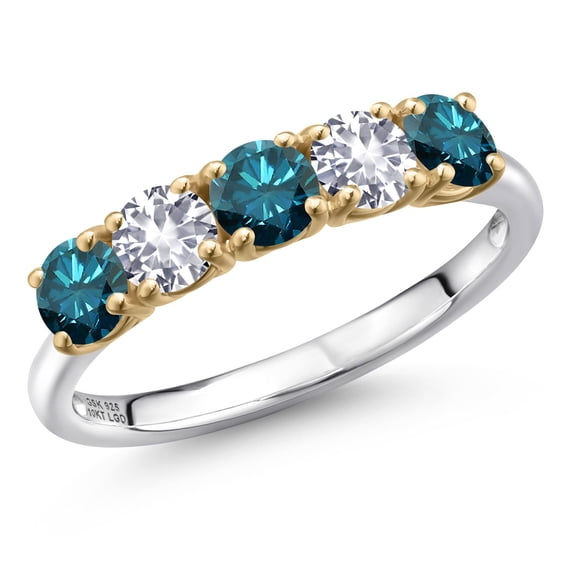 Gem Stone King 925 Silver and 10K Yellow Gold Blue Diamond and White Created Sapphire Wedding-Bands Ring for Women | 1.31 Cttw | Round 4MM | Gemstone April Birthstone | Size 7