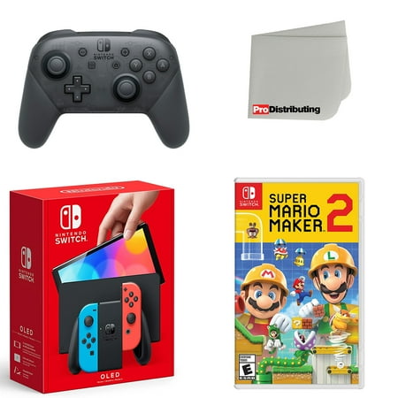 Nintendo Switch OLED Console Neon Red & Blue with Extra Wireless Controller, Super Mario Maker 2 and Screen Cleaning Cloth