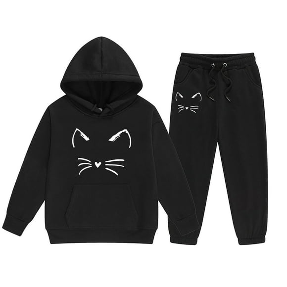 YOUSNH Ensembles de Tenue pour Filles Enfant Tout-Petits Garçons Filles Manches Longues Imprimés de Dessins Animés Chandail à Capuchon Chaud Chandail Molletonné Hauts Pantalons Tenues pour Enfants Survêtement Ensemble de Vêtements Noir 12-13 Ans