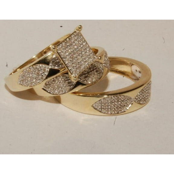 Bluebell Jewels Gold Finish CZ Trio Wedding Ring Set with Leaf Design His & Her Matching Engagement Bands