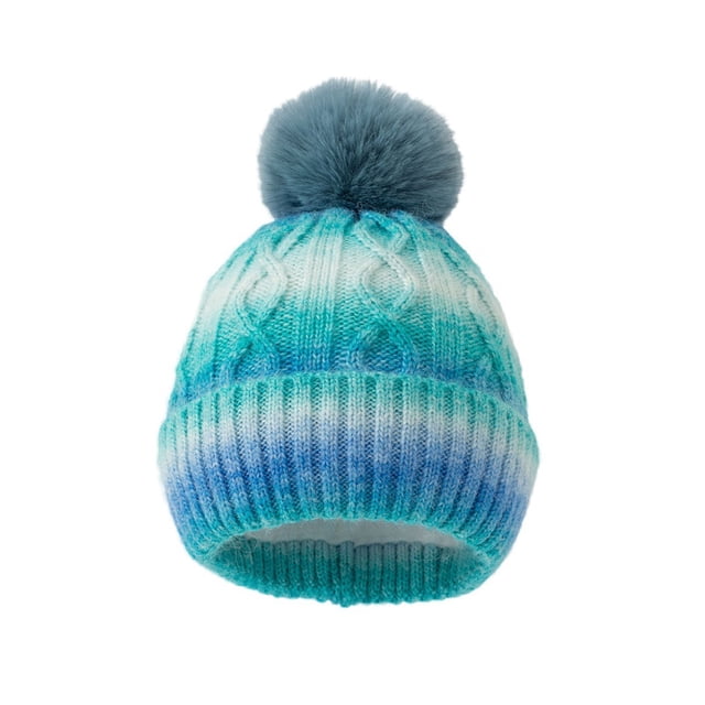 Sky Blue Gradient Color Winter Knitted Thickened Woolen Hat For Men And Women Warm And Cold Protection With Pom Pom Size L Length 10.63 Inches In Sky Blue