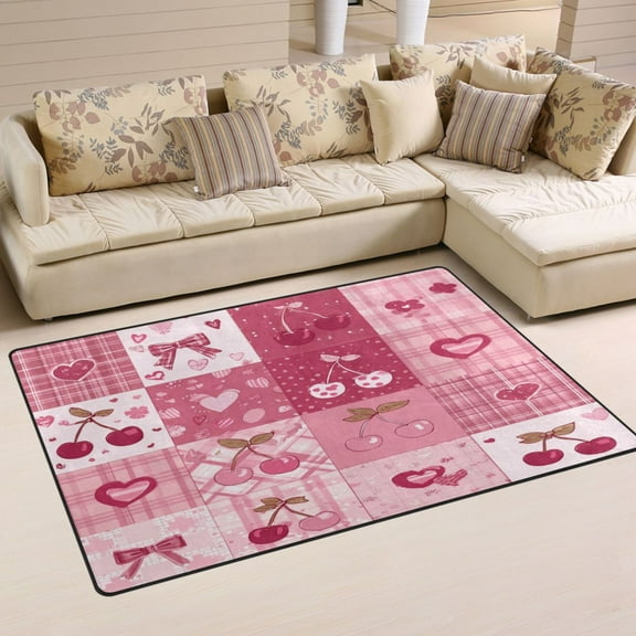 Non-Slip Area Rug 31"x20" Indoor Washable Floor Mats Carpet Printed for Living Room, Bedroom, Home Decor Cherry Pattern with Bows