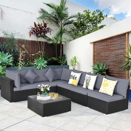 Costway 7 PCS Patio Rattan Sofa Set Sectional Conversation Furniture Set Garden Outdoor - Gray +Black
