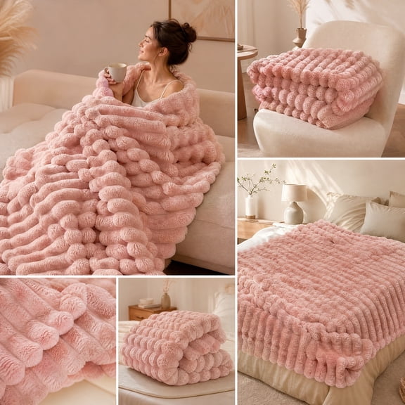 Textured Striped Throw Blanket | Pink - Soft Fuzzy Ribbed Warm Decor Blanket for Couch Sofa Bed, All Season Cozy Plush for Home Office Travel