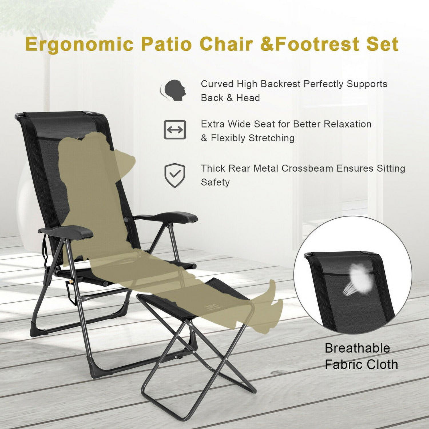 Aimee Lii 4 Pieces Patio Adjustable Back Folding Dining Chair Ottoman Set-Black, Outdoor Patio Set Aimee Lii 4 Pieces Patio Adjustable Back Folding Dining Chair Ottoman Set-Black, Outdoor Patio Set